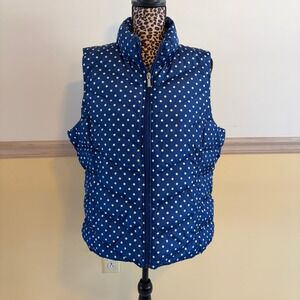 Lands End Womens XL 18 Navy Blue Polka Dot Down Puffer Vest Full Zip Quilted